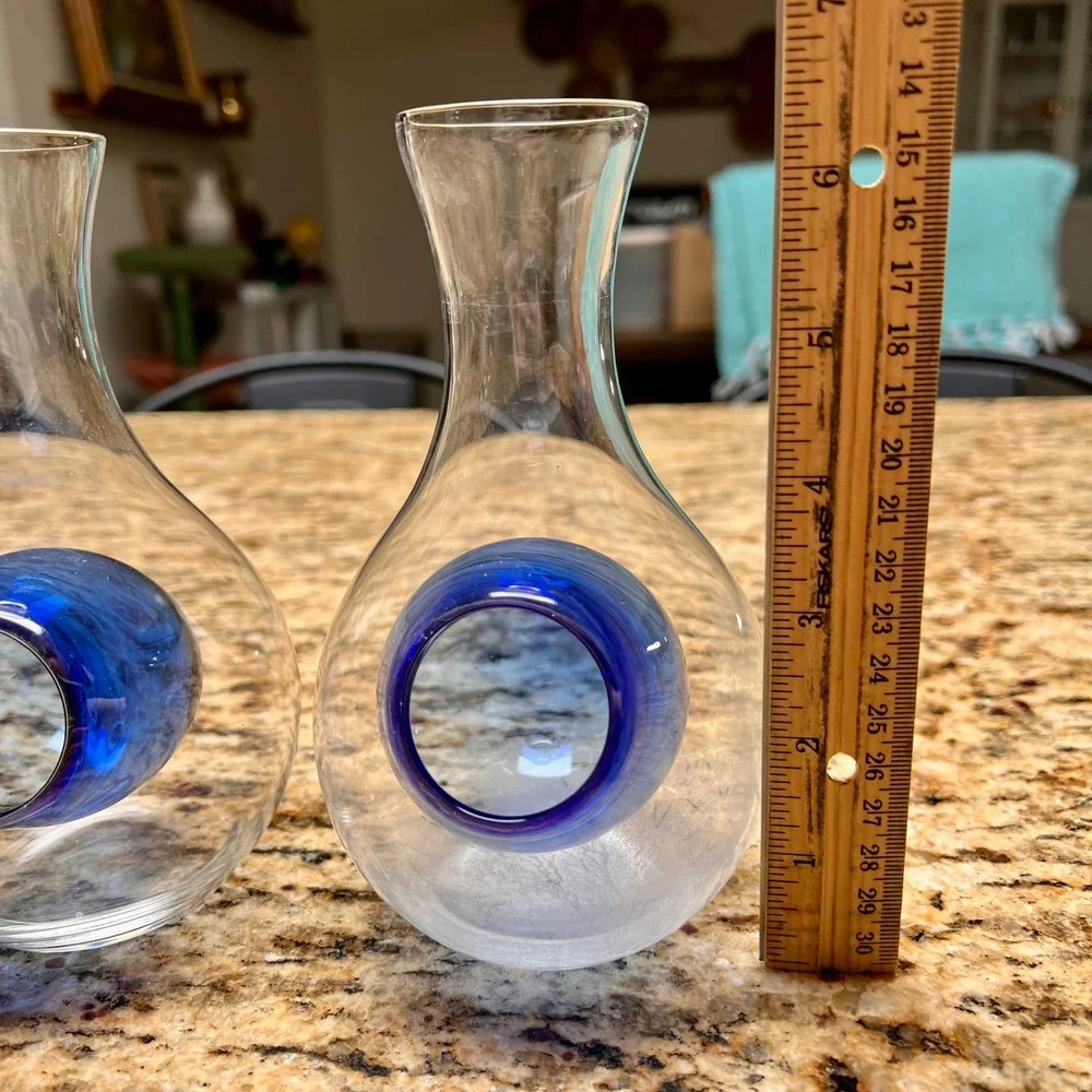 Pair of Hand Blown Glass Japanese Sake Carafes with Cobalt Blue Ice Pockets 6.5